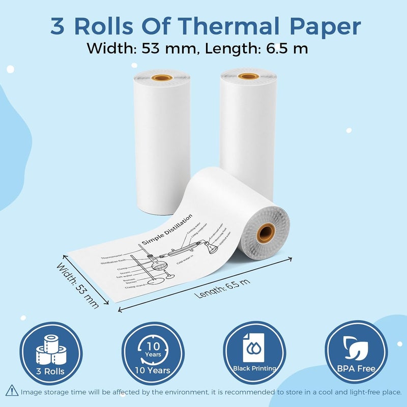 Ponek White Mini Printer Paper, Compatible with Sticker Maker Y02C/T02/M02X/M02L/Q02, 53mm x 6.5m Thermal Non-Sticky Paper for 10 Years, Thermal Printer Paper Suitable for Journal, Photo, Notes - Image 2